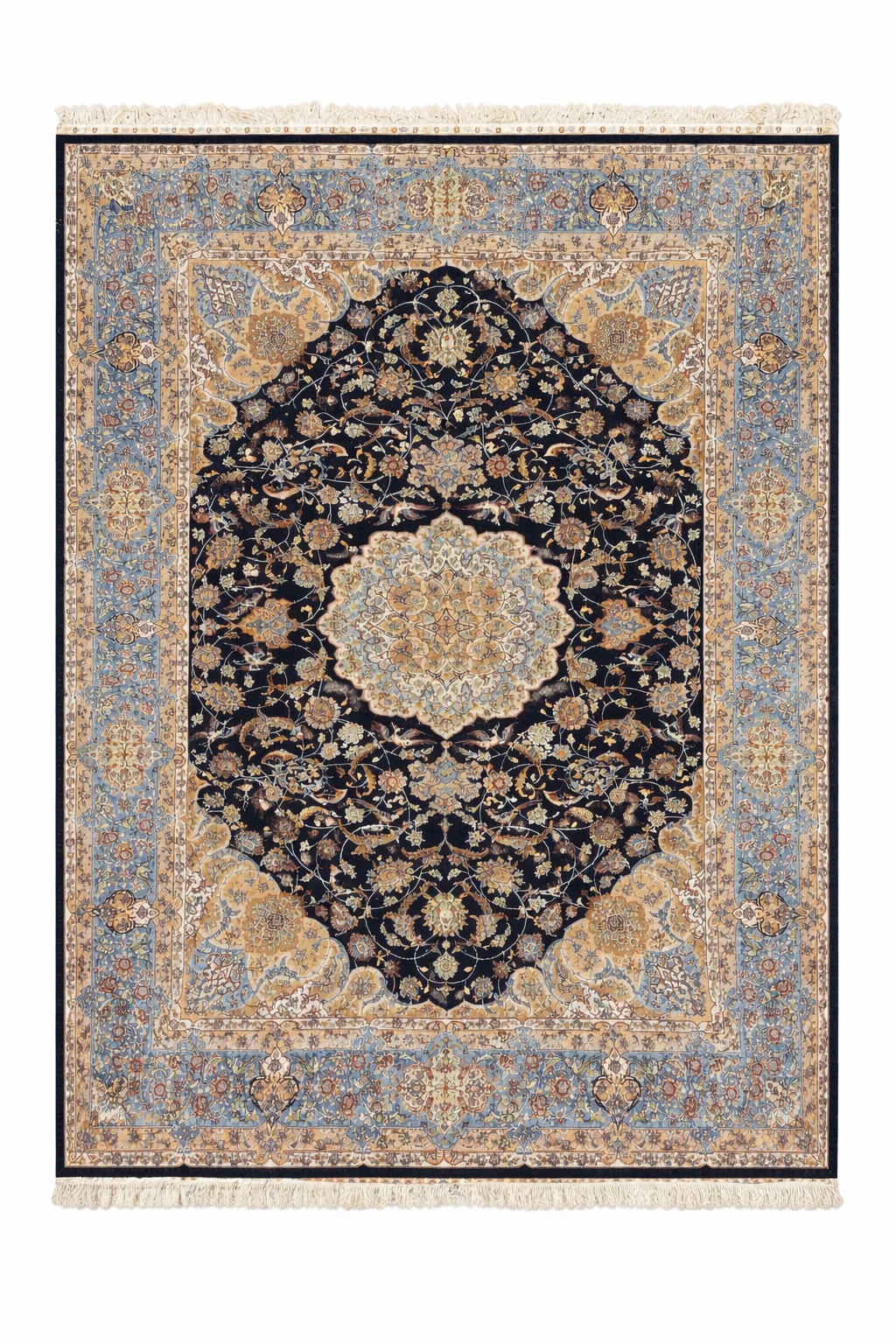 Hand Knotted Kashmiri Silk Medallion Rug β Luxury Handmade Indian Silk Carpet, Dark Navy Classic Design Area Rug