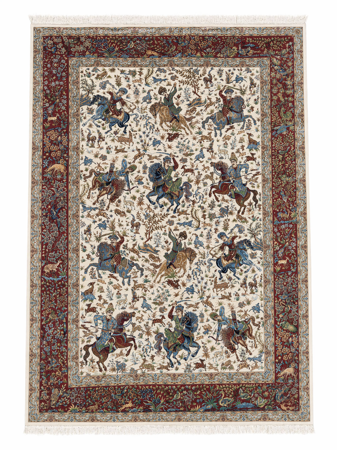 Hand Knotted Kashmiri Silk Figural Rug β Handmade Indian Silk Carpet with Hunting Scene Design, Luxury Wall Art Rug