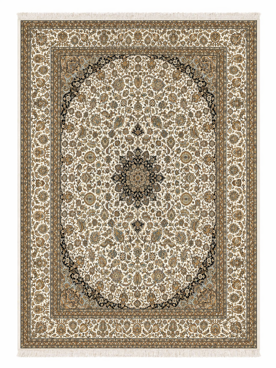 Hand Knotted Kashmiri Silk Medallion Rug β Luxury Handmade Indian Silk Carpet, Ivory Classic Design Area Rug