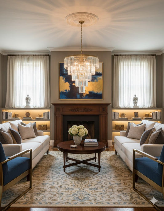 brass chandelier with crystal and alabaster glowing warmly in a neutral room