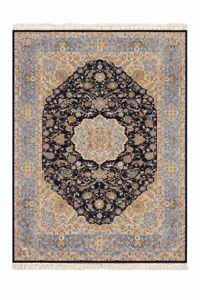 Hand Knotted Kashmiri Silk Medallion Rug – Luxury Handmade Indian Silk Carpet, Dark Navy Classic Design Area Rug