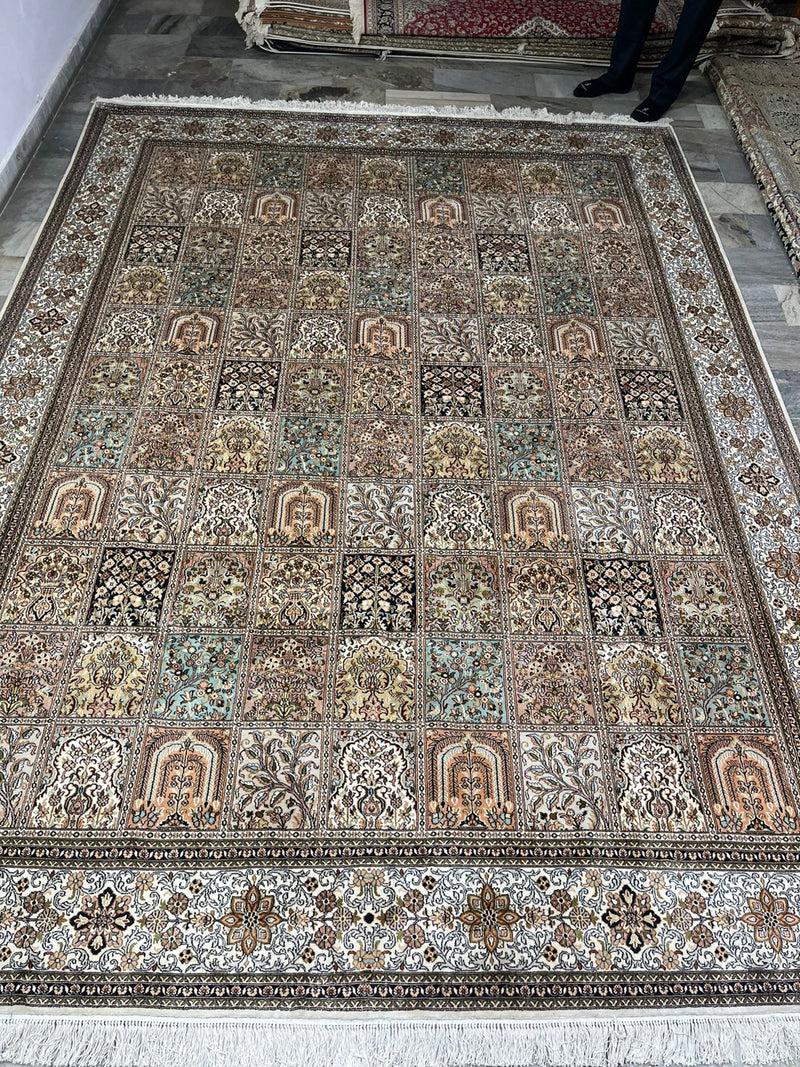 Hand Knotted Kashmiri Silk Patchwork Rug – Luxury Handmade Indian Silk Carpet, Vintage Panel Design Area Rug