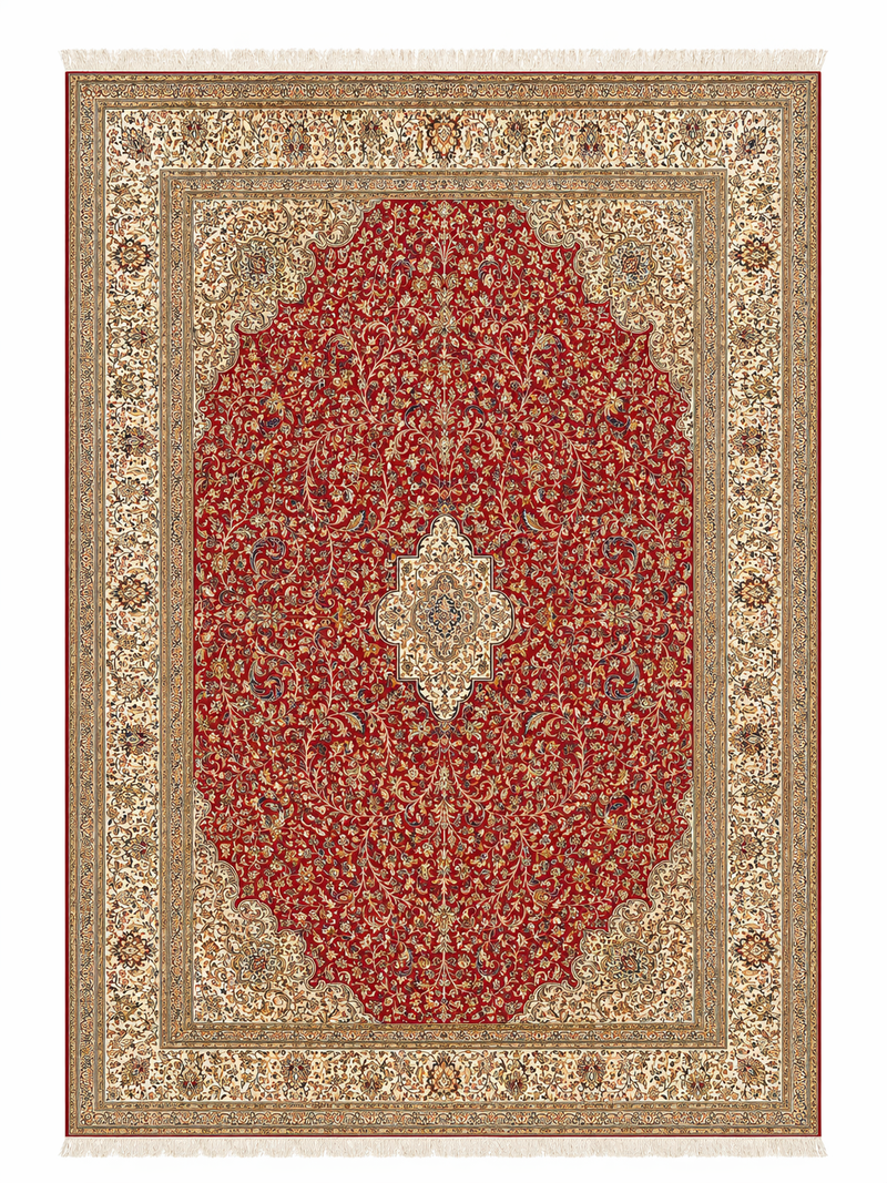Hand Knotted Kashmiri Silk Rug – Luxury Red Persian Style Medallion Carpet, Handmade Oriental Area Rug