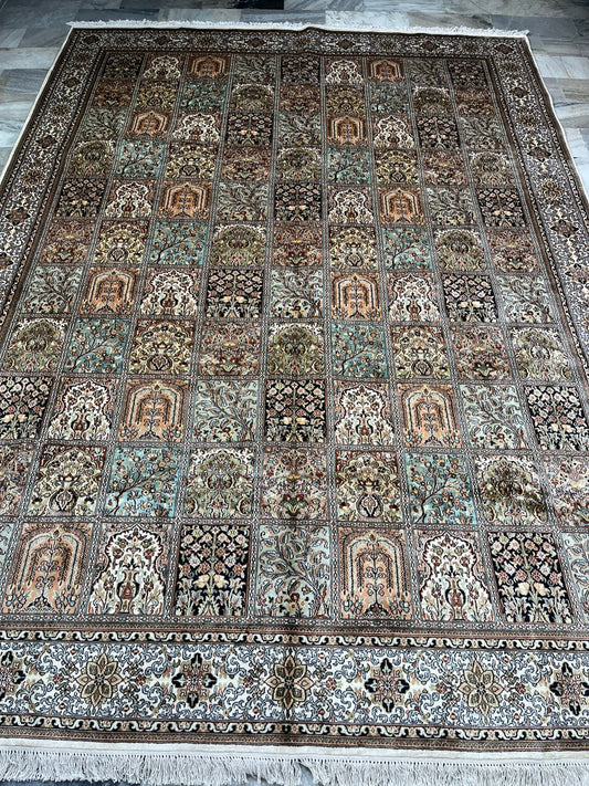 Hand Knotted Kashmiri Silk Patchwork Rug – Luxury Handmade Indian Silk Carpet, Vintage Panel Design Area Rug
