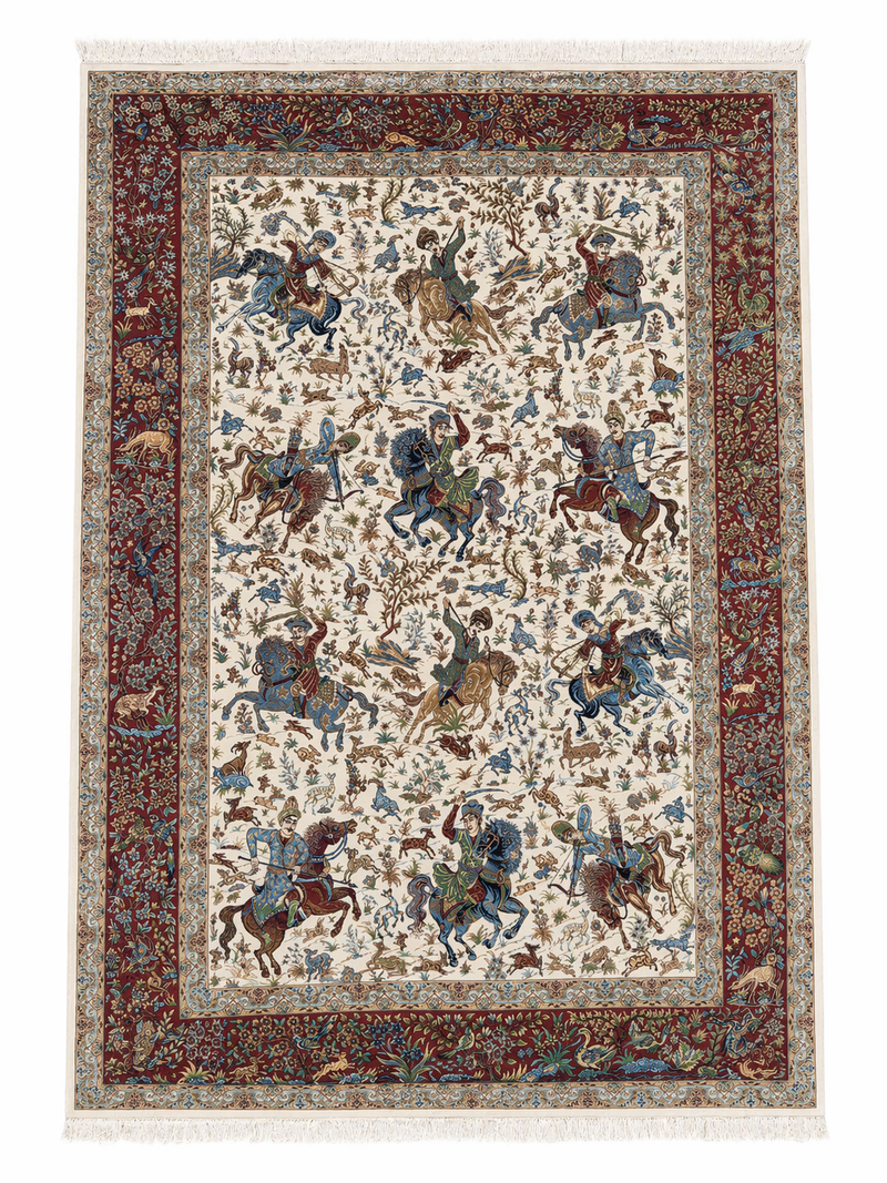Hand Knotted Kashmiri Silk Figural Rug – Handmade Indian Silk Carpet with Hunting Scene Design, Luxury Wall Art Rug