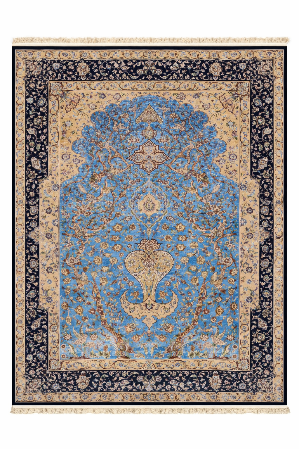 Hand Knotted Kashmiri Silk Medallion Rug – Luxury Handmade Indian Silk Carpet, Sky Blue Floral Design Area Rug