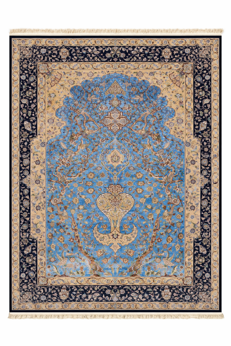 Hand Knotted Kashmiri Silk Medallion Rug – Luxury Handmade Indian Silk Carpet, Sky Blue Floral Design Area Rug