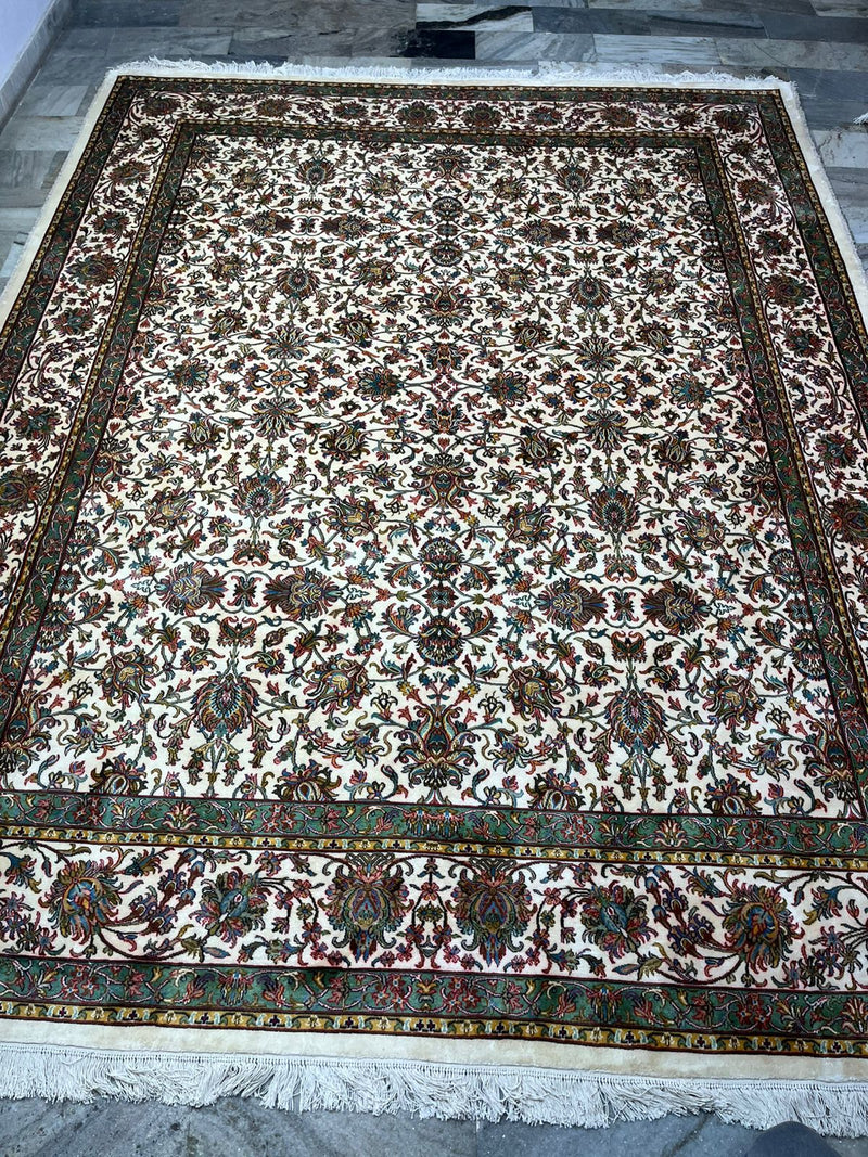 Hand Knotted Kashmiri Silk Floral Rug – Luxury Handmade Indian Silk Carpet, Ivory All-Over Design Area Rug