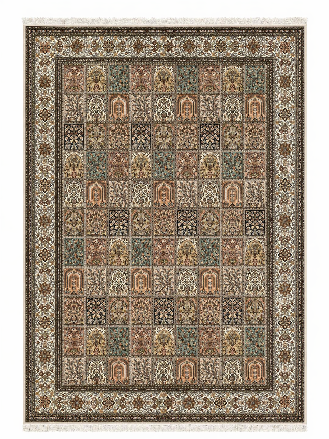 Hand Knotted Kashmiri Silk Patchwork Rug – Luxury Handmade Indian Silk Carpet, Vintage Panel Design Area Rug