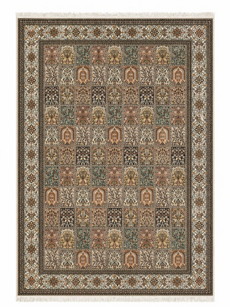 Hand Knotted Kashmiri Silk Patchwork Rug – Luxury Handmade Indian Silk Carpet, Vintage Panel Design Area Rug