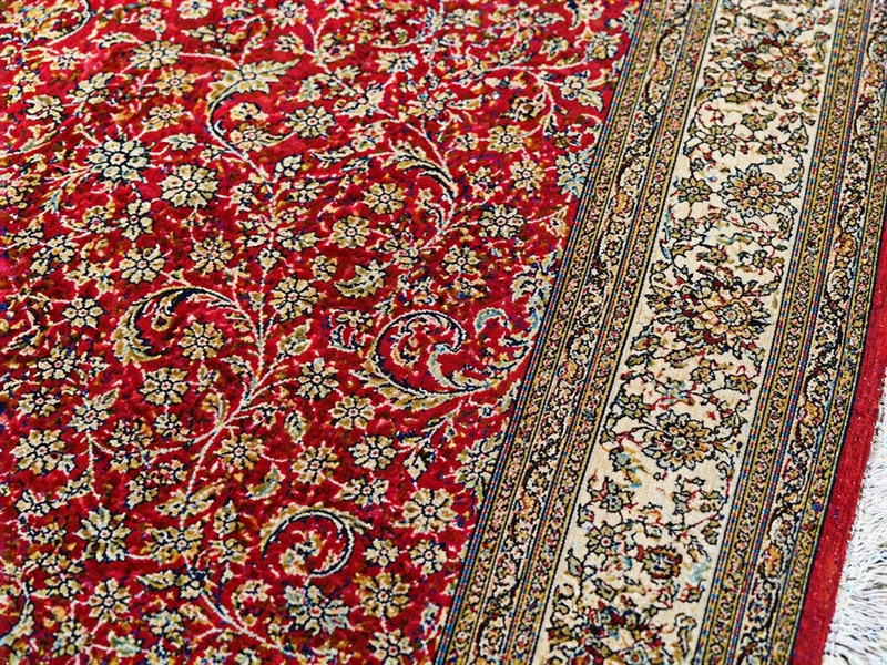 Hand Knotted Kashmiri Silk Rug – Luxury Red Persian Style Medallion Carpet, Handmade Oriental Area Rug