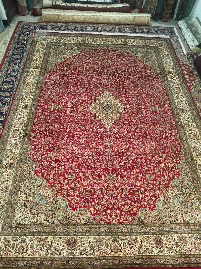 Hand Knotted Kashmiri Silk Rug – Luxury Red Persian Style Medallion Carpet, Handmade Oriental Area Rug