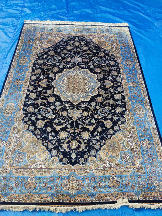 Hand Knotted Kashmiri Silk Medallion Rug – Luxury Handmade Indian Silk Carpet, Dark Navy Classic Design Area Rug