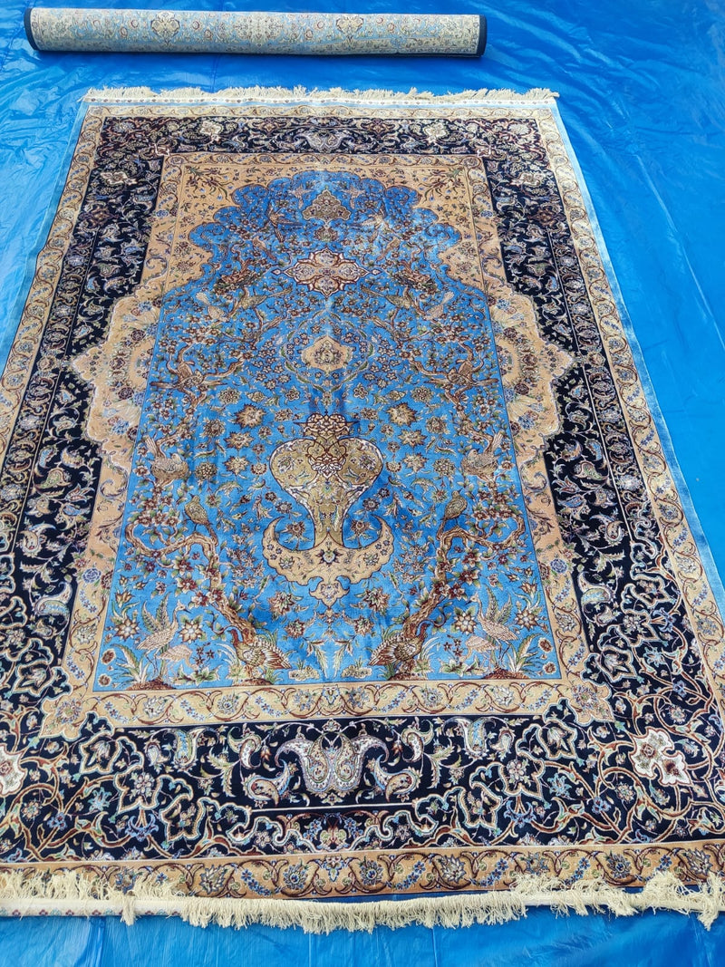 Hand Knotted Kashmiri Silk Medallion Rug – Luxury Handmade Indian Silk Carpet, Sky Blue Floral Design Area Rug