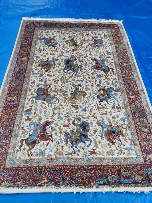 Hand Knotted Kashmiri Silk Figural Rug – Handmade Indian Silk Carpet with Hunting Scene Design, Luxury Wall Art Rug