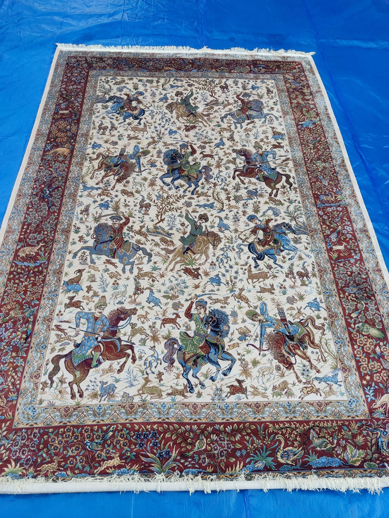 Hand Knotted Kashmiri Silk Figural Rug – Handmade Indian Silk Carpet with Hunting Scene Design, Luxury Wall Art Rug