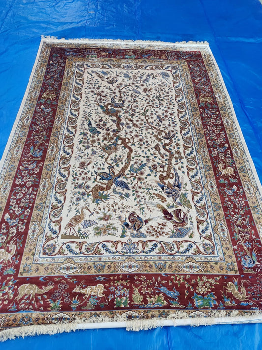 Hand Knotted Kashmiri Silk Tree of Life Rug – Handmade Indian Silk Carpet with Bird & Floral Design, Luxury Artistic Area Rug