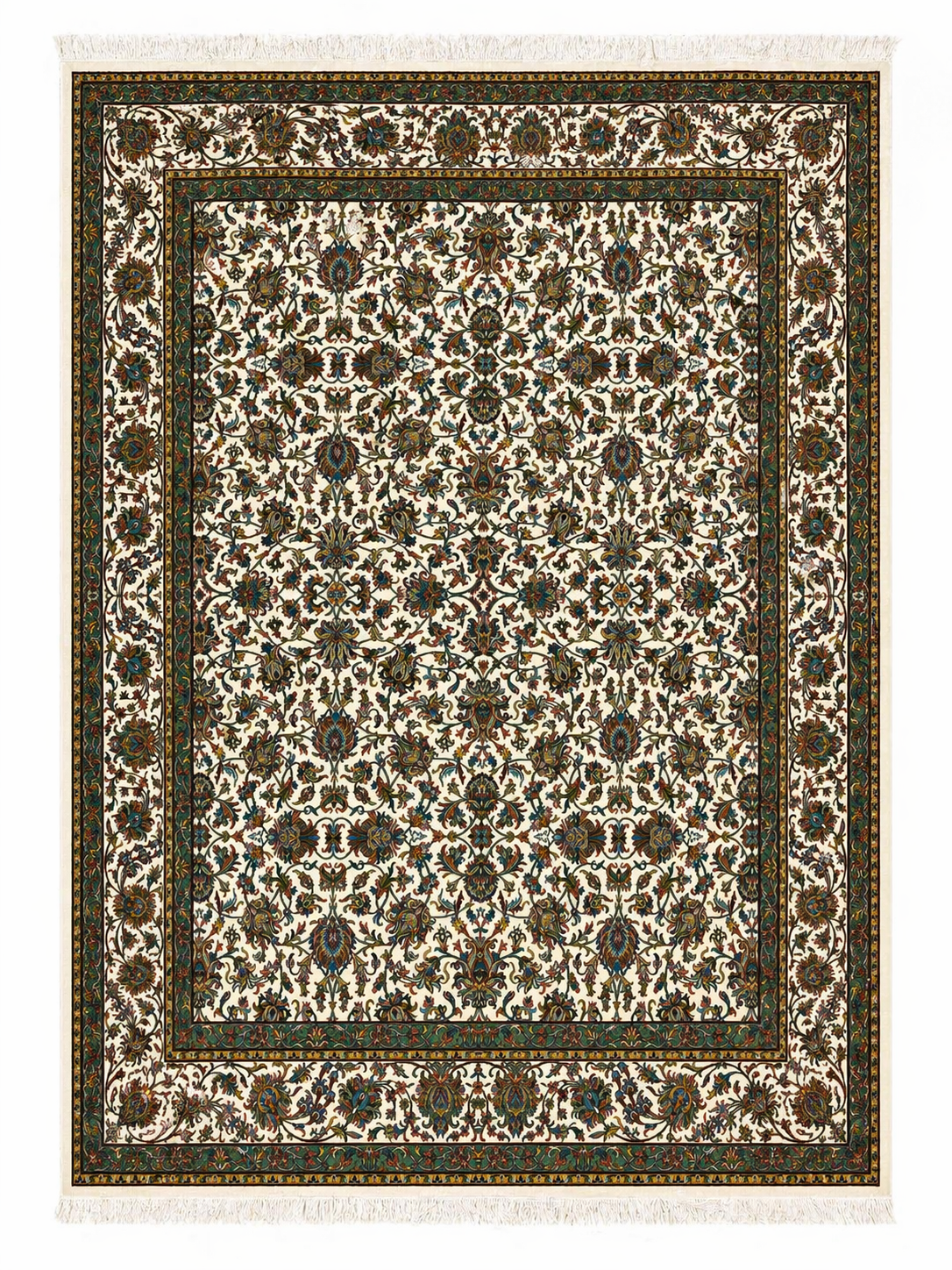 Hand Knotted Kashmiri Silk Floral Rug – Luxury Handmade Indian Silk Carpet, Ivory All-Over Design Area Rug