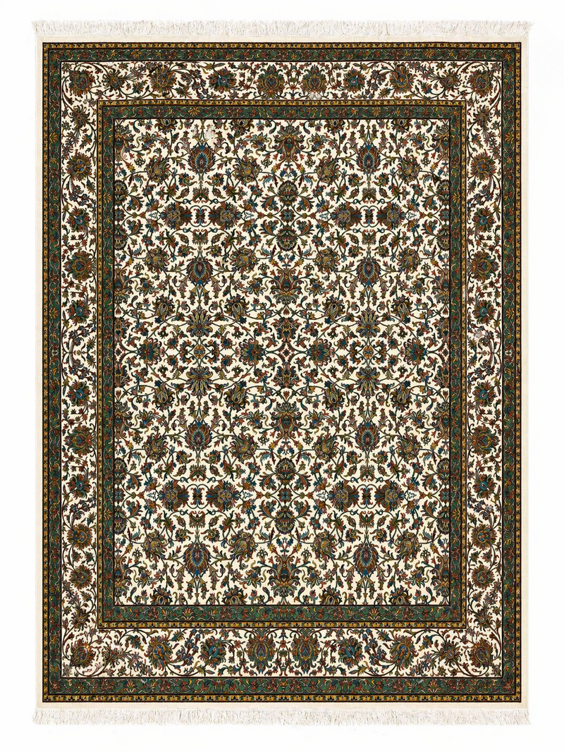 Hand Knotted Kashmiri Silk Floral Rug – Luxury Handmade Indian Silk Carpet, Ivory All-Over Design Area Rug