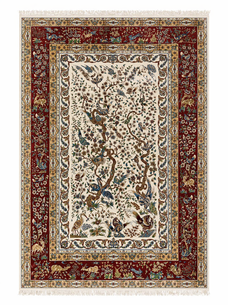 Hand Knotted Kashmiri Silk Tree of Life Rug – Handmade Indian Silk Carpet with Bird & Floral Design, Luxury Artistic Area Rug