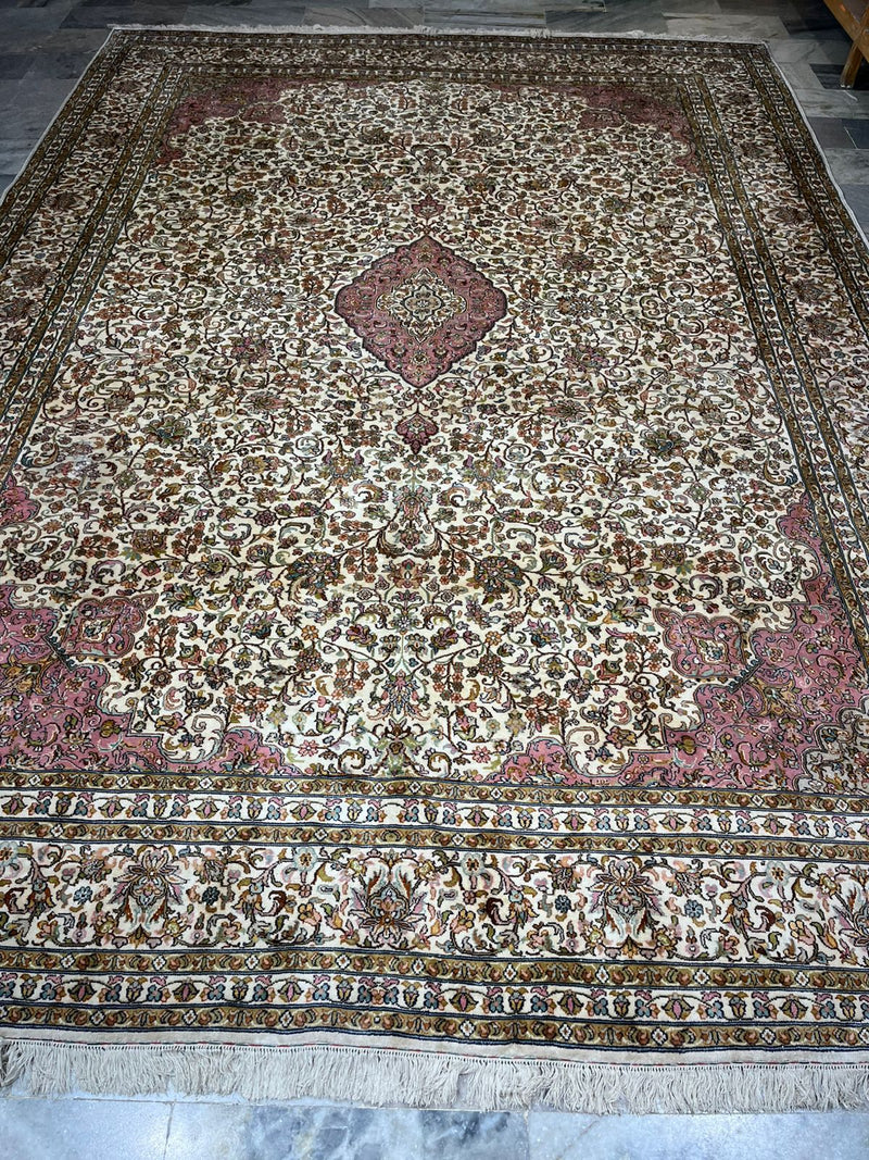 Hand Knotted Kashmiri Silk Patchwork Rug – Luxury Handmade Indian Silk Carpet, Vintage Panel Design Area Rug