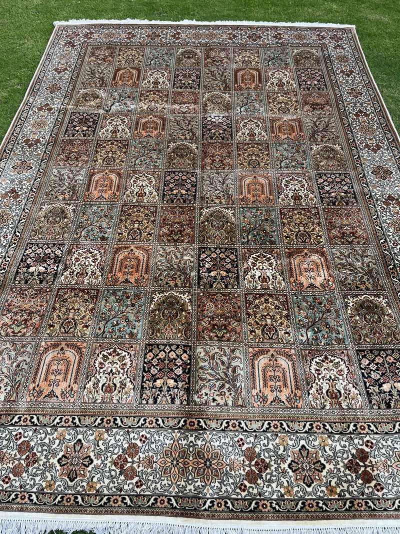 Hand Knotted Kashmiri Silk Patchwork Rug – Luxury Handmade Indian Silk Carpet, Vintage Panel Design Area Rug